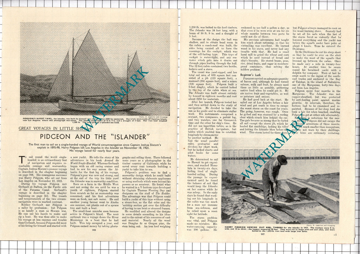 Harry Pidgeon Voyage ISLANDER - c.1940's Article / Print