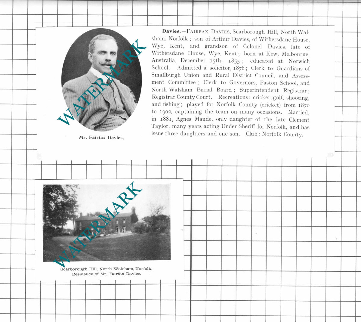 Mr Fairfax Davies Scarborough Hill North Walsham Norfolk - 1911 2-Part Clipping