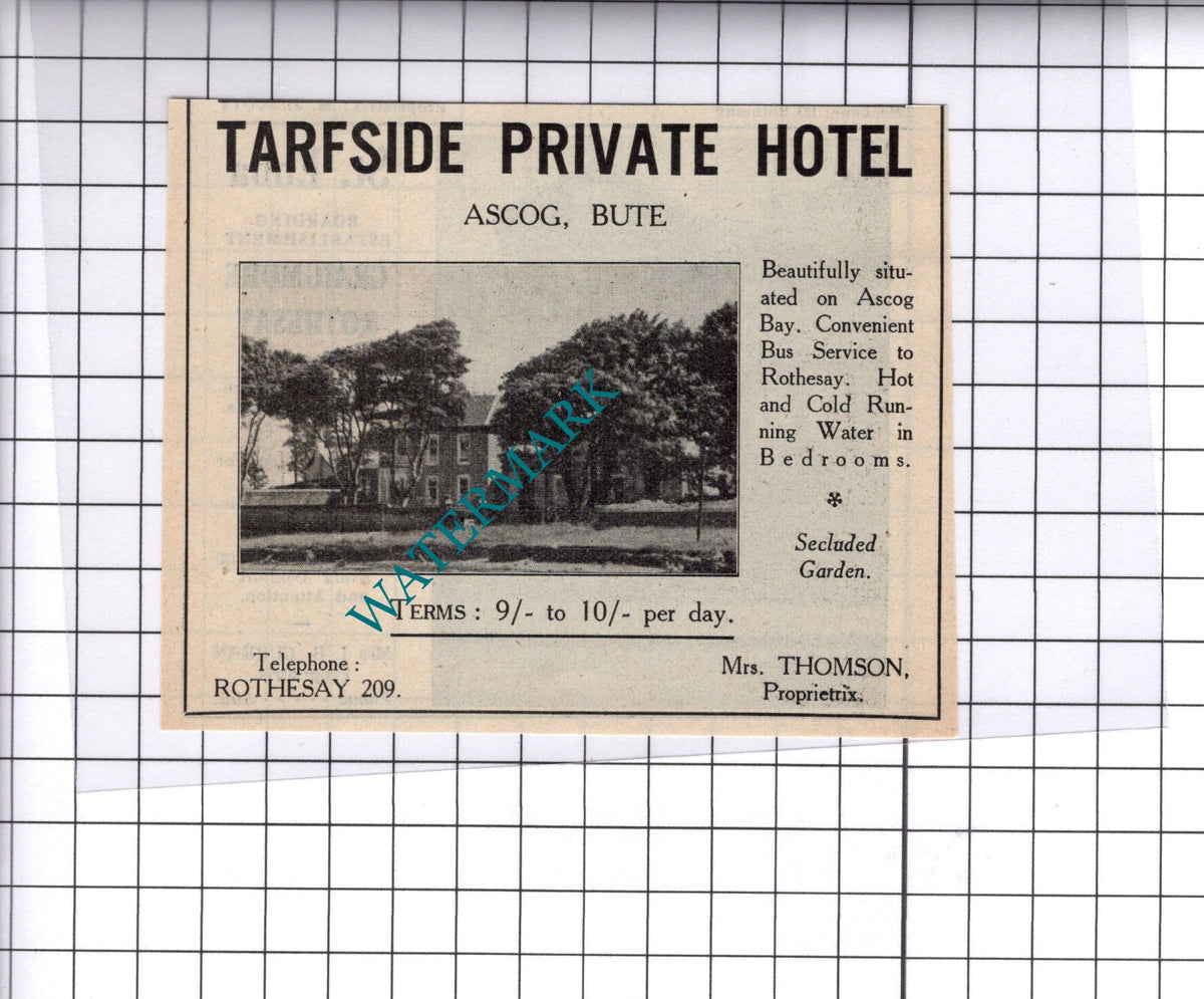 Tarfside Hotel Ascog Bute Mrs Thomson Small Advert - 1939 Cutting/ Print