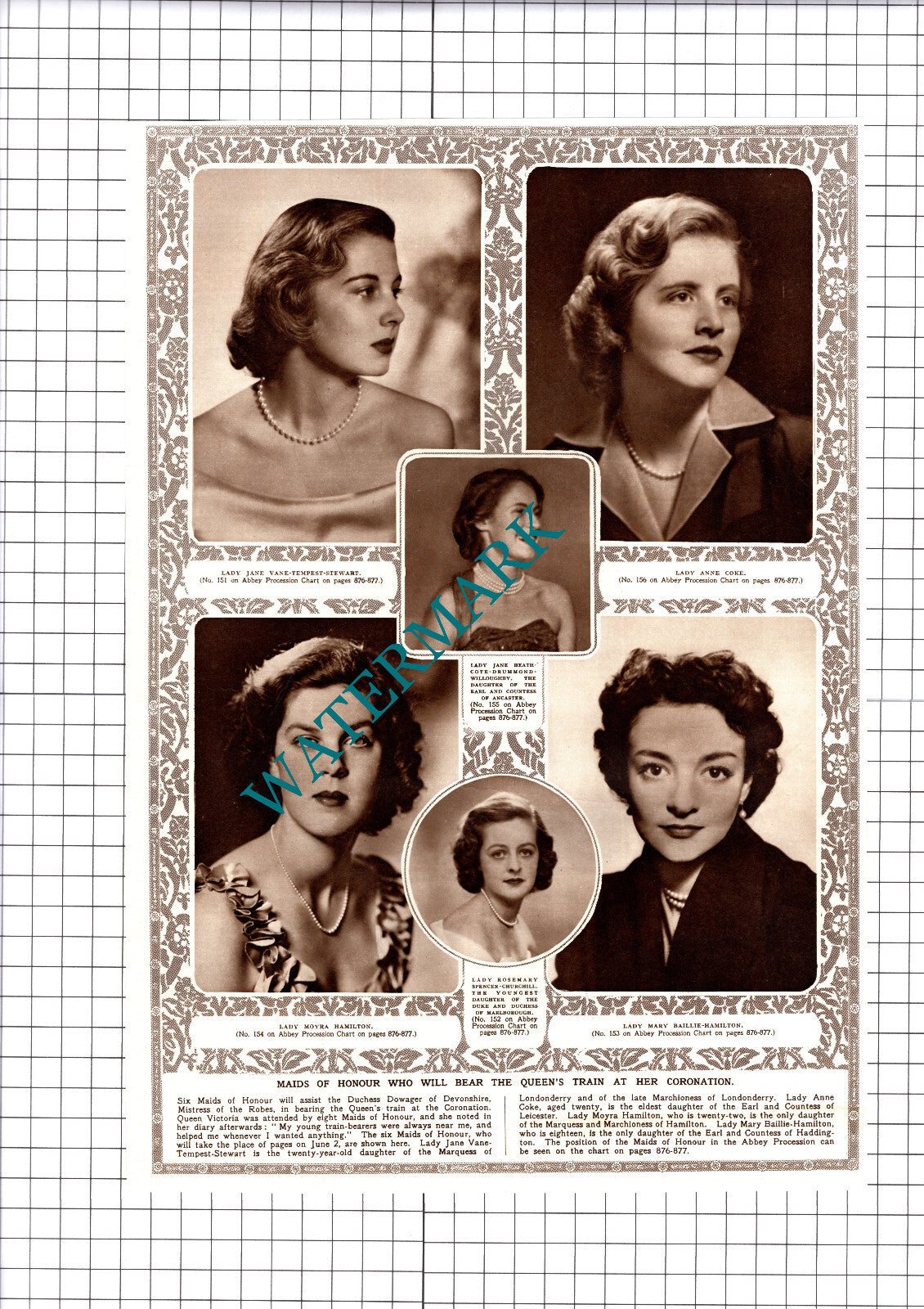 Mary Baillie-Hamilton Anne Coke Jane Vane-Tempest-Stewart -1953 Cutting/ Print