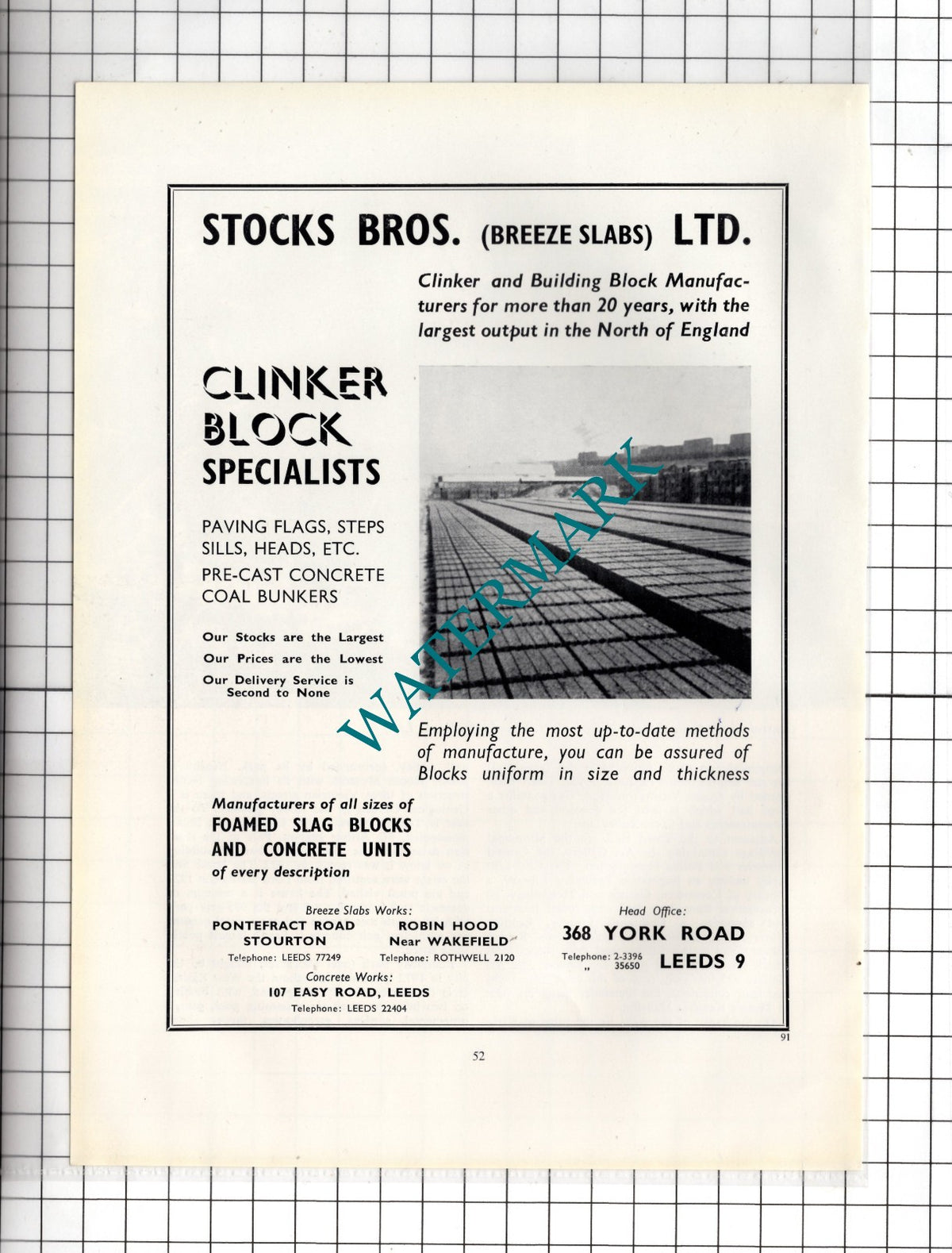 Stocks Bros (Breeze Slabs) Ltd Leeds Yorkshire - c.1962 Advert