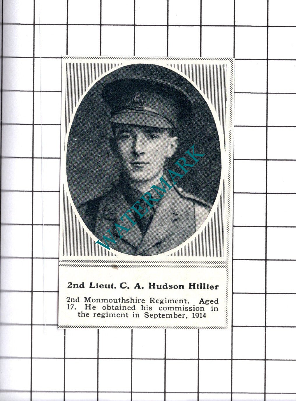 2nd Lt C A Hudson Hillier 2nd Monmouthshire Regt WW1 - 1915 SMALL Cutting