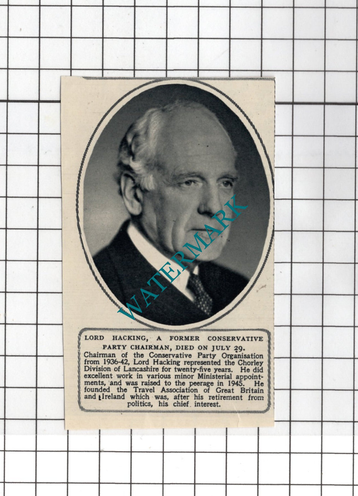 Lord Hacking Obituary - 1950 SMALL Cutting