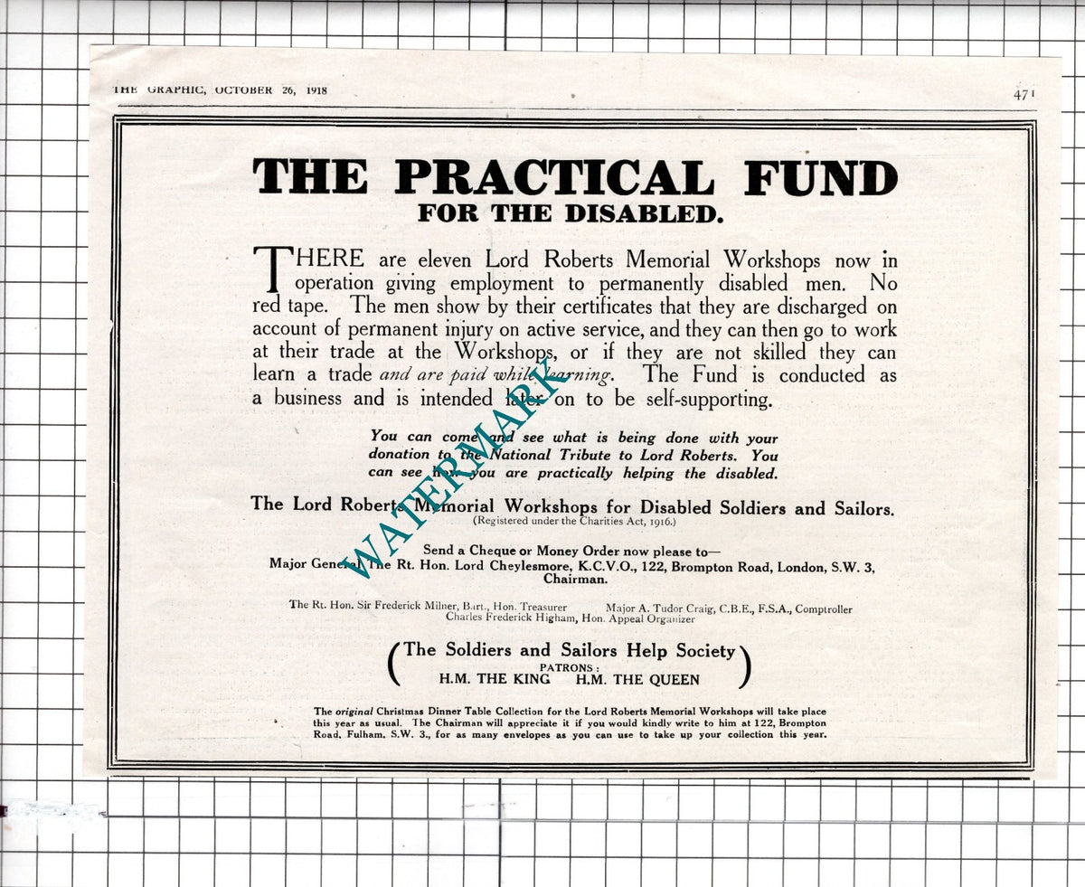 Lord Roberts Memorial Workshops Appeal World War One WW1 Advert - 1918