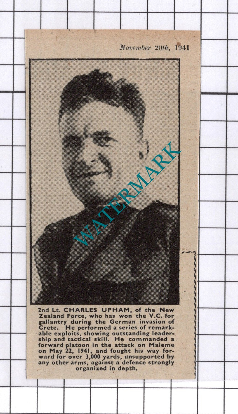 2nd Lt Charles Upham New Zealand Force Maleme World War Two WW2 - 1941 Clipping