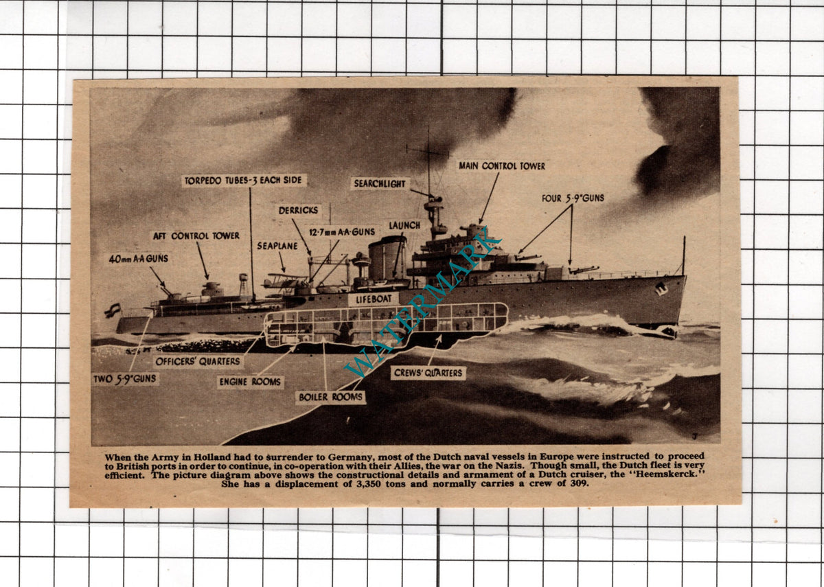 Dutch Cruiser Ship HEEMSKERCK Diagram WW2 - 1940 Small Cutting