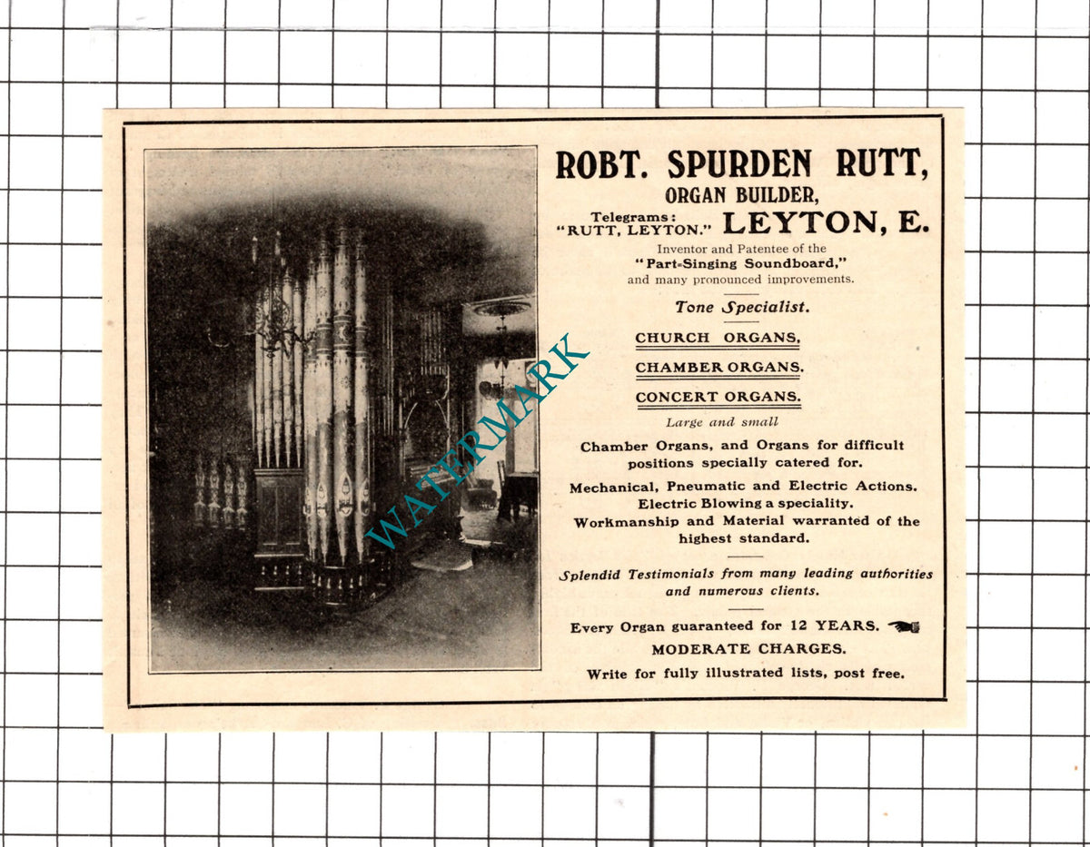 Robert Spurden Rutt Organ Builder Leyton London Advert - 1906 Clipping / Print