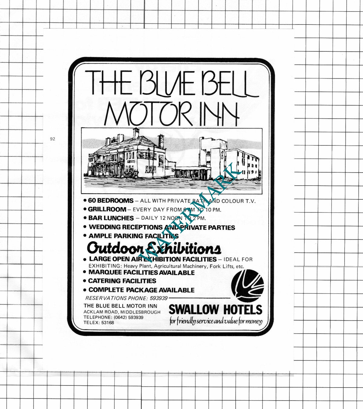 The Blue Bell Motor Inn Middlesbrough Advert - c.1980 Cutting / Print