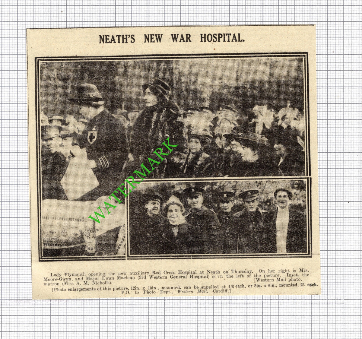 Red Cross War Hospital Neath WW1 Lady Plymouth Moore-Gwyn - 1916 News Cutting