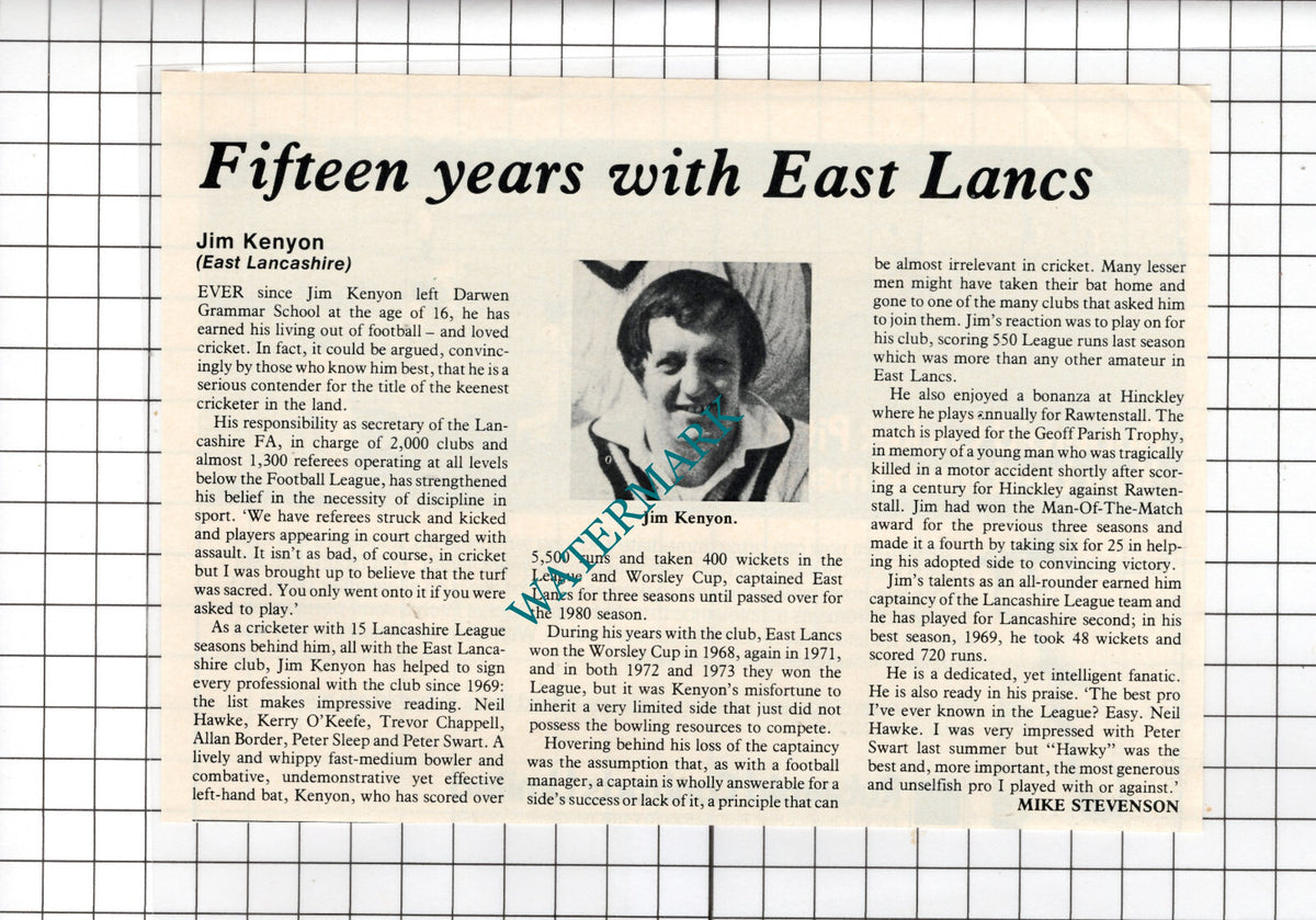 Jim Kenyon East Lancashire Cricket - 1981 Clipping
