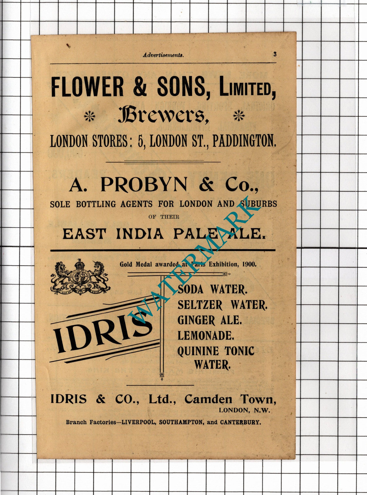 Flower & Sons Ltd Brewers London / Idris & Co Ltd Advert - 1902 Cutting