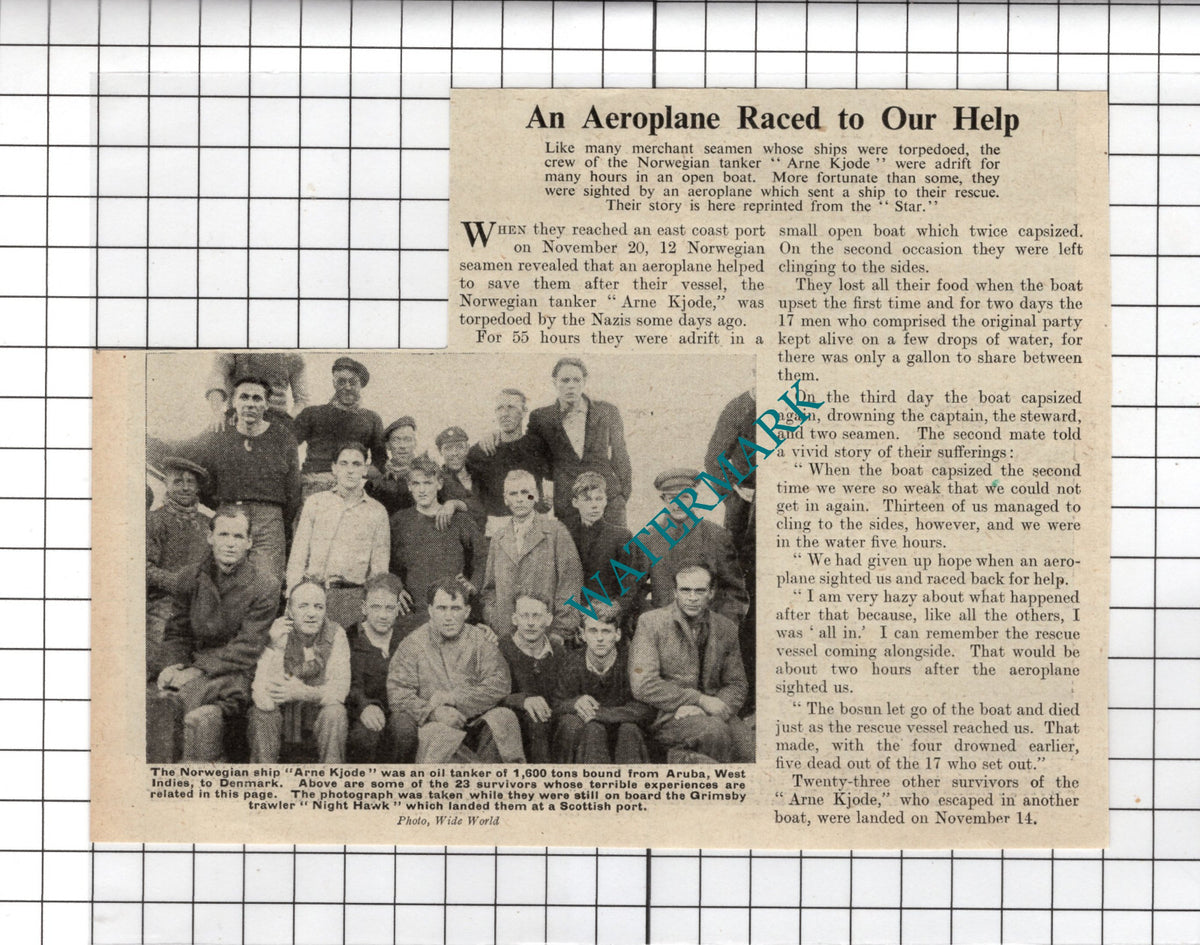 Norwegian Tanker Ship ARNE KJODE Grimsby Trawler Night Hawk - 1939 News Clipping