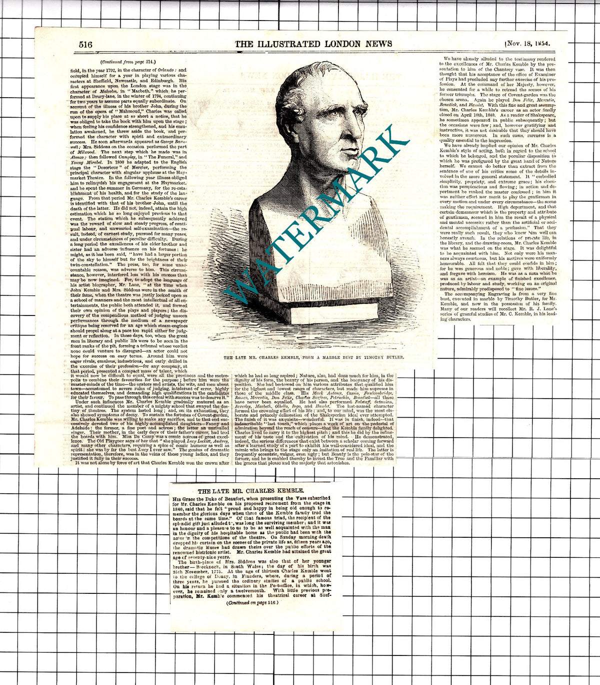 Mr Charles Kemble Actor - 1854 2-Part Clipping / Print