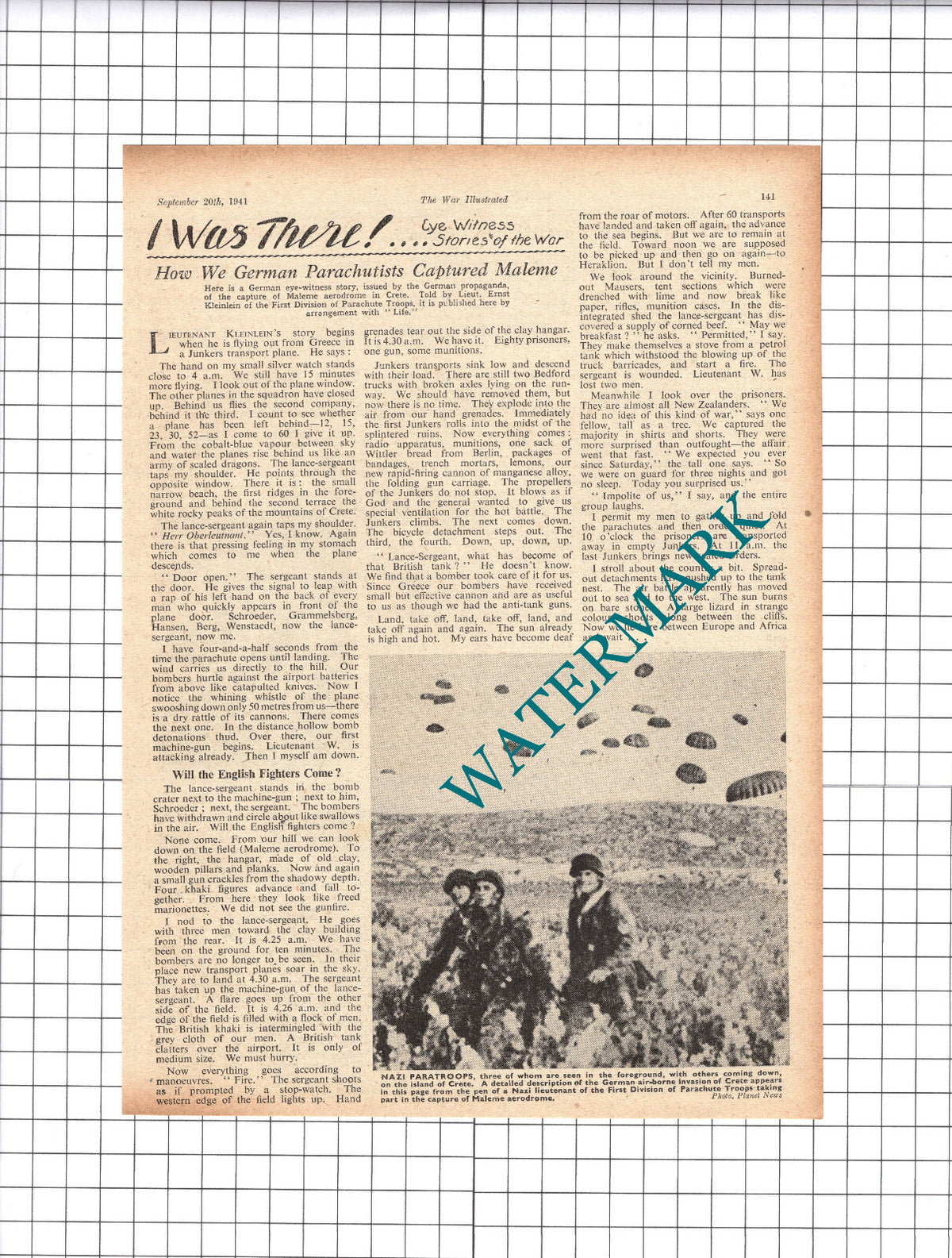 Lt Ernst Kleinlein German First Division Parachute Troops -1941 Clipping / Print
