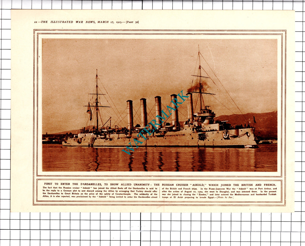 ASKOLD Russian Cruiser Ship Dardanelles Great War WW1 - 1915 Clipping/ Print