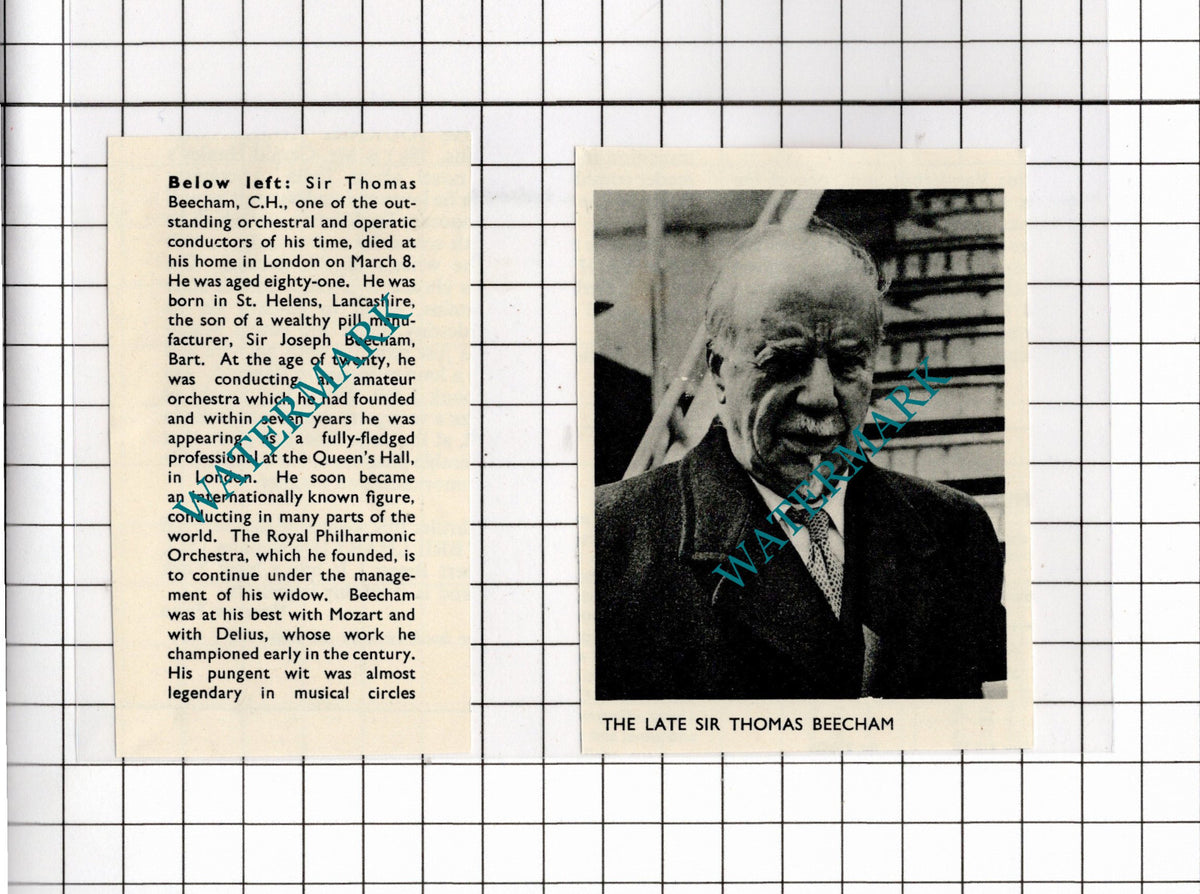 Sir Thomas Beecham Conductor Obituary - 1961 2-Part Clipping / Print