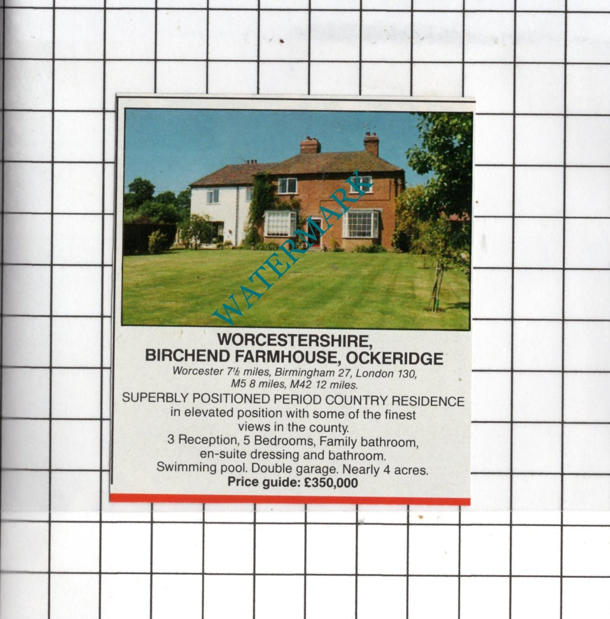 Birchend Farmhouse Ockeridge Worcestershire - 1989 SMALL House Sale Advert