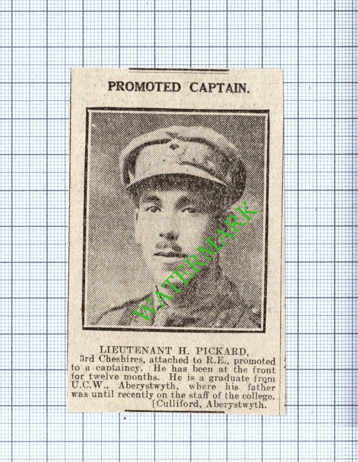 Lt H Pickard 3rd Cheshires Aberystwyth Wales - 1916 Small News Cutting