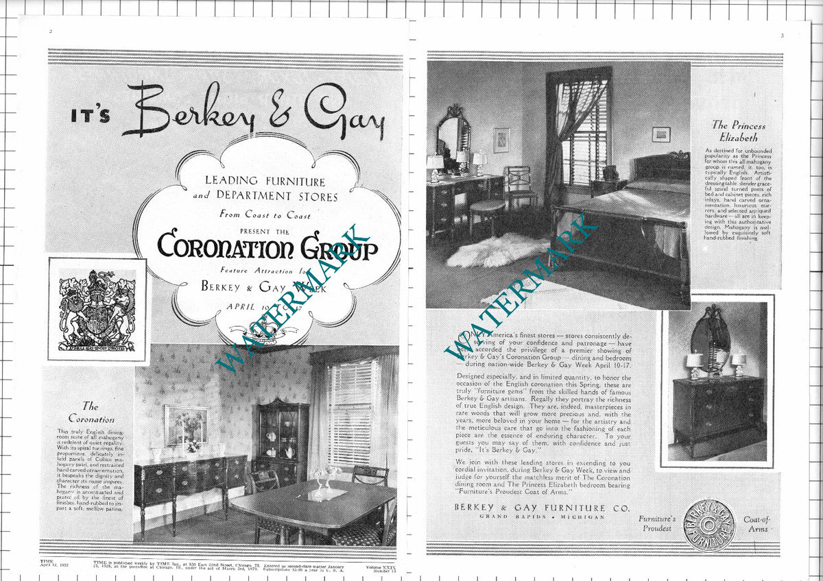 Berkey & Gay Furniture Co Michigan USA Advert - 1937 Two-Part Clipping / Print