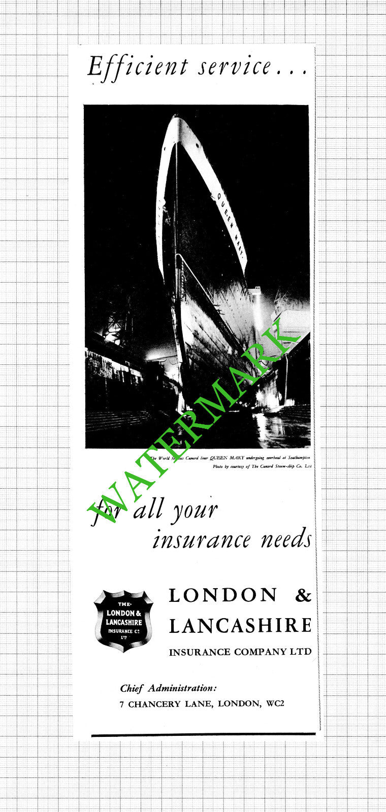 Cunard Ship QUEEN MARY London & Lancashire Insurance Advert - 1954 Cutting