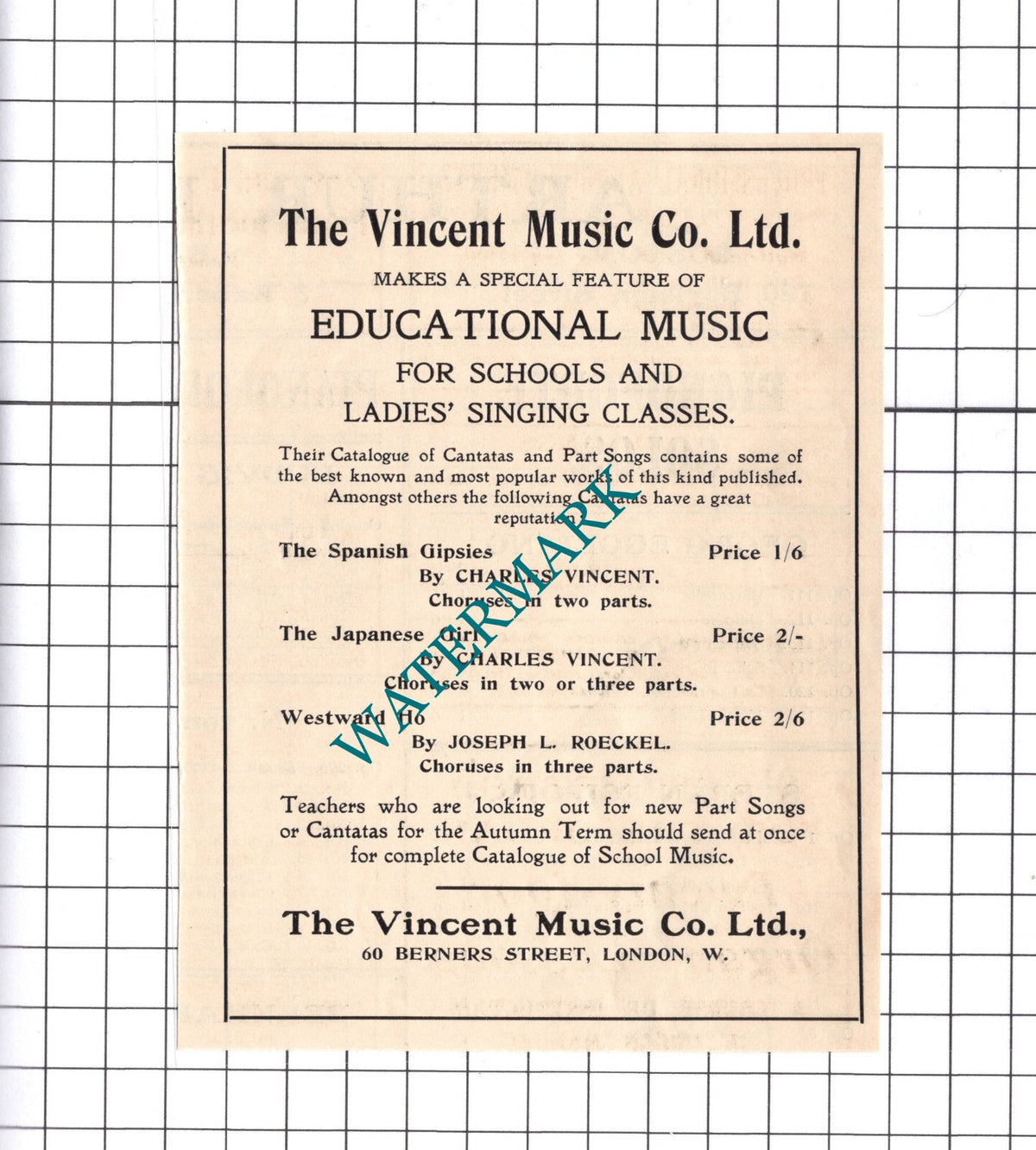 The Vincent Music Co Ltd Berners Street London Advert - 1906 Clipping