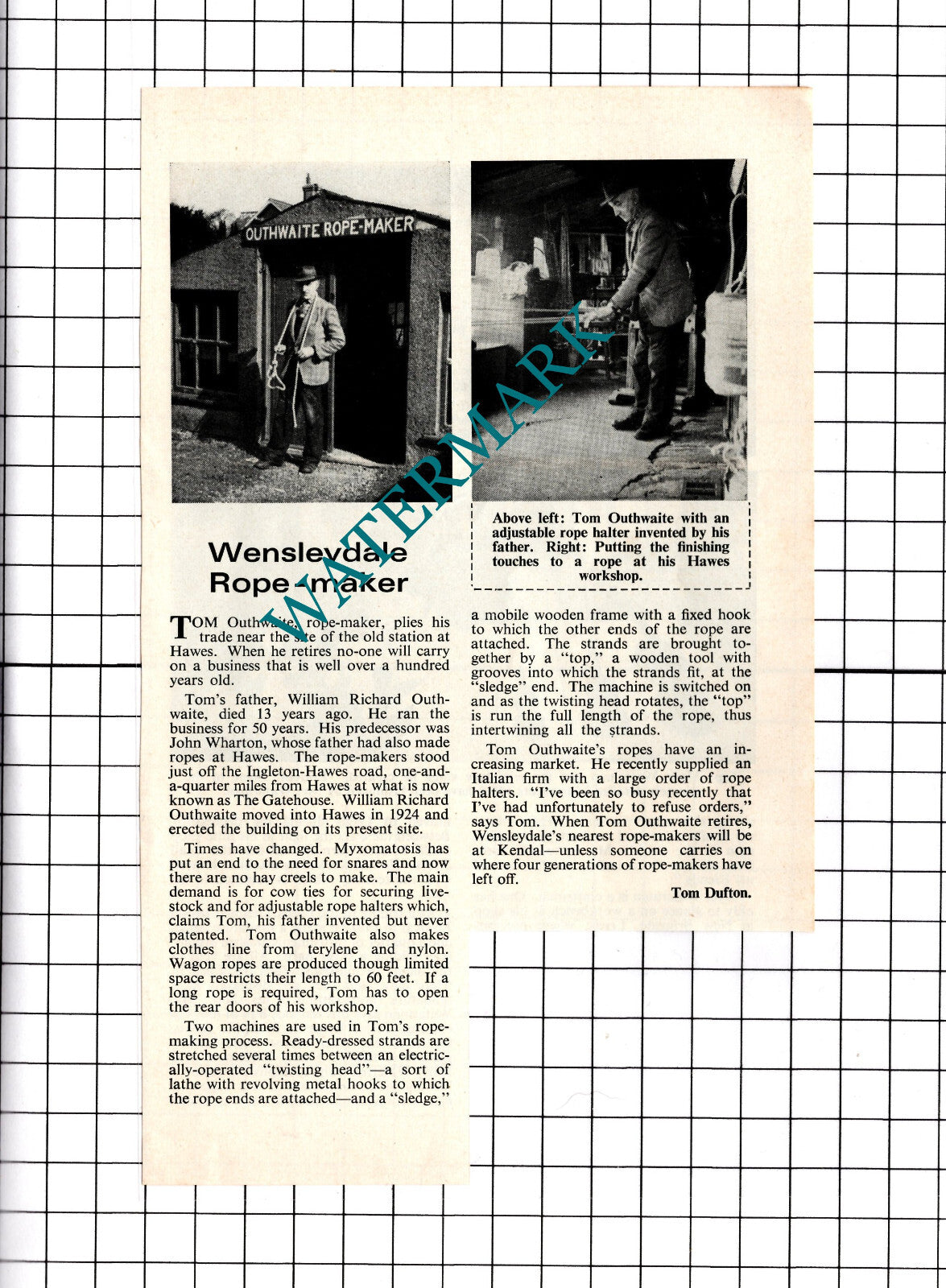 Tom Outhwaite Ropemaker Hawes Wensleydale - 1969 Clipping/ Print