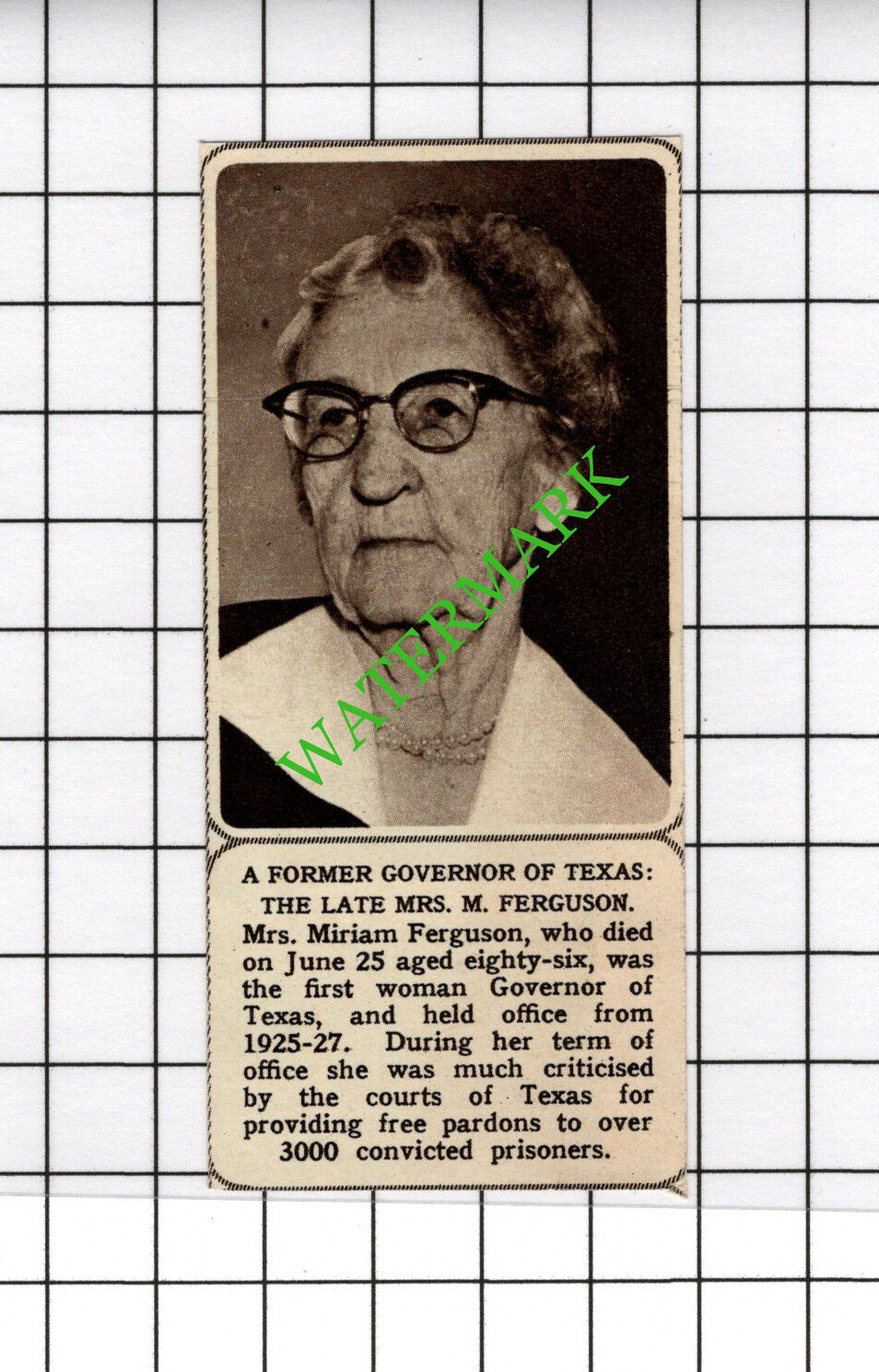 Mrs Miriam Ferguson Governor Of Texas Obituary - 1961 SMALL Cutting