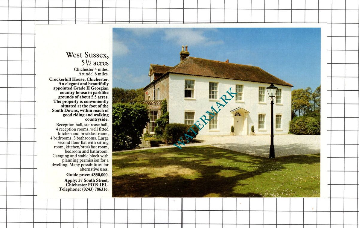 Crockerhill House Chichester Sussex House Sale Advert - 1991 Clipping