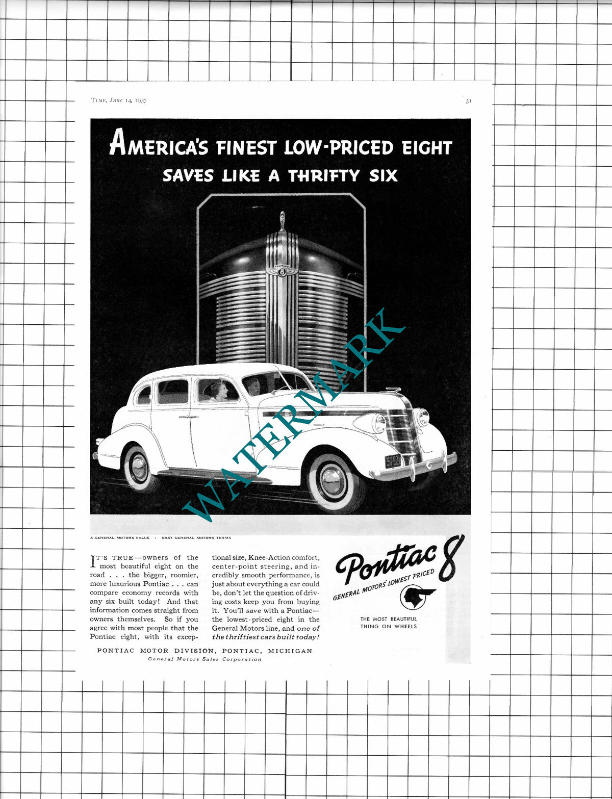 Pontiac 8 Car Advert - 1937 Clipping / Print