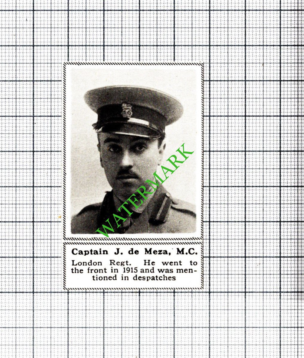 Capt J de Meza London Regiment Great War WW1 - 1918 SMALL Cutting