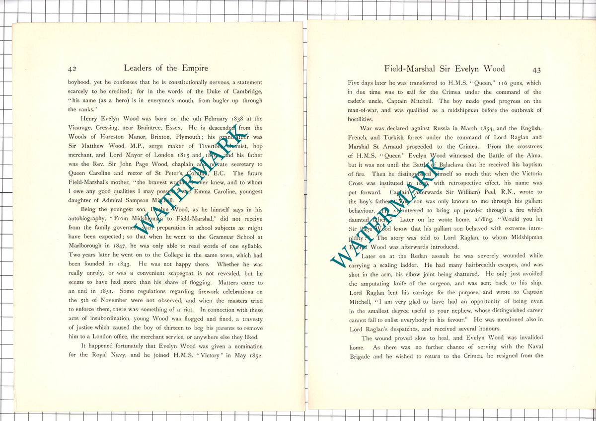 Field Marshal Sir Evelyn Wood - 1920's Article / Print