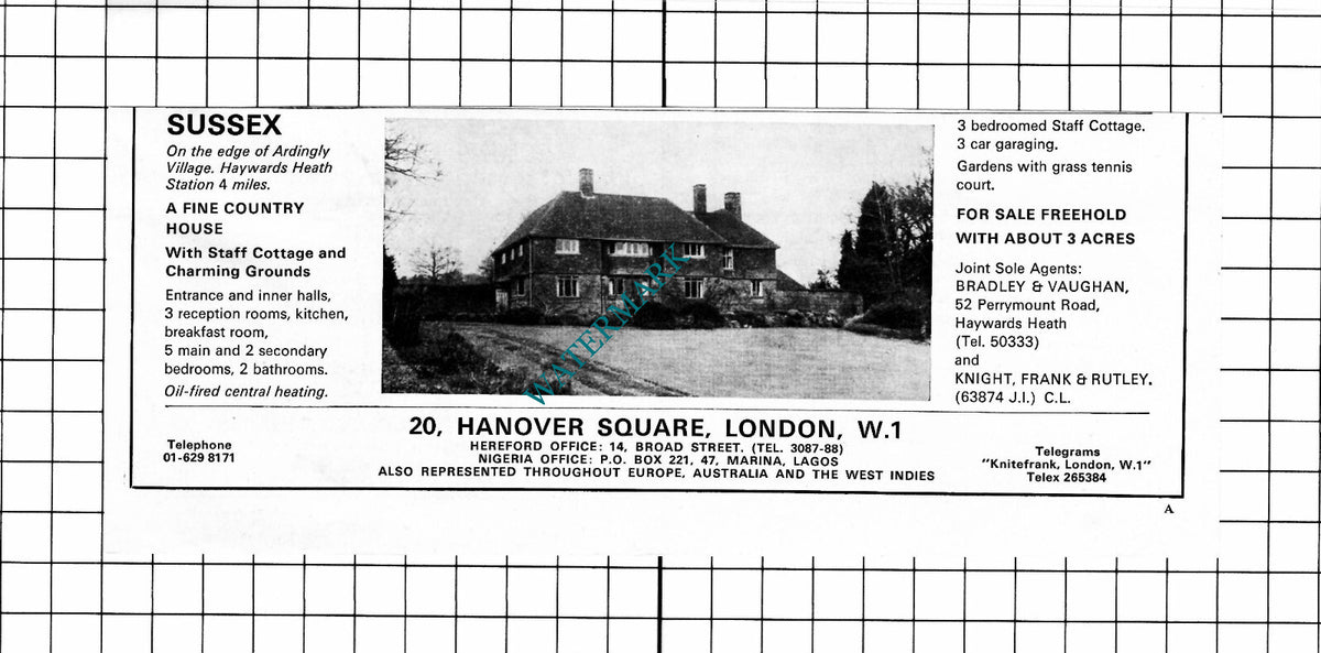 Ardingly Sussex House Sale Advert - 1969 Clipping / Print