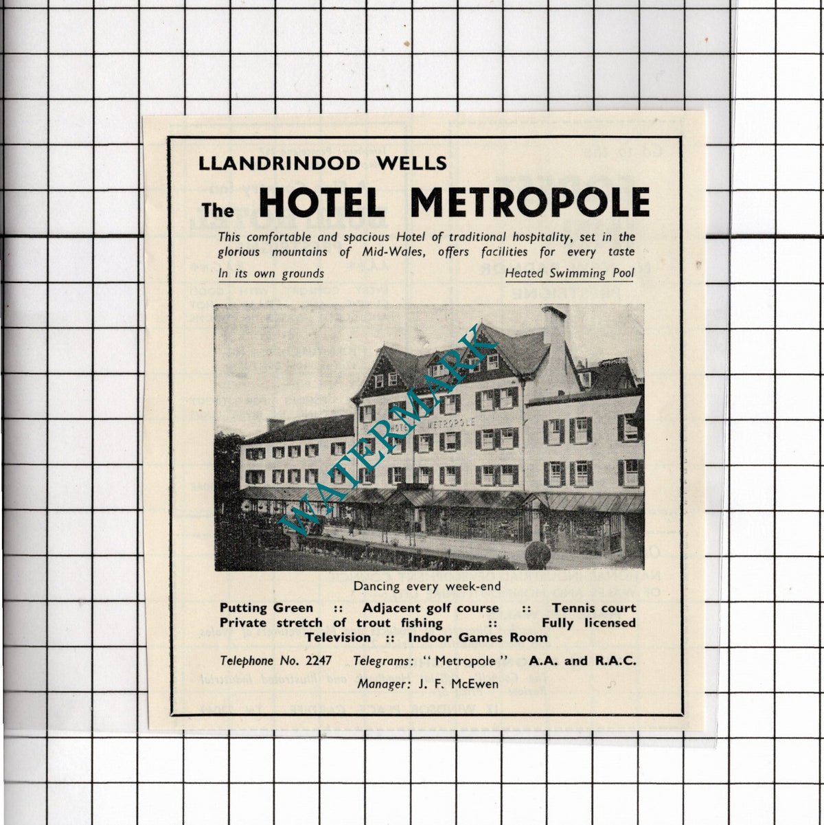 The Hotel Metropole Llandrindod Wells Wales McEwen Small Advert - 1953 Clipping