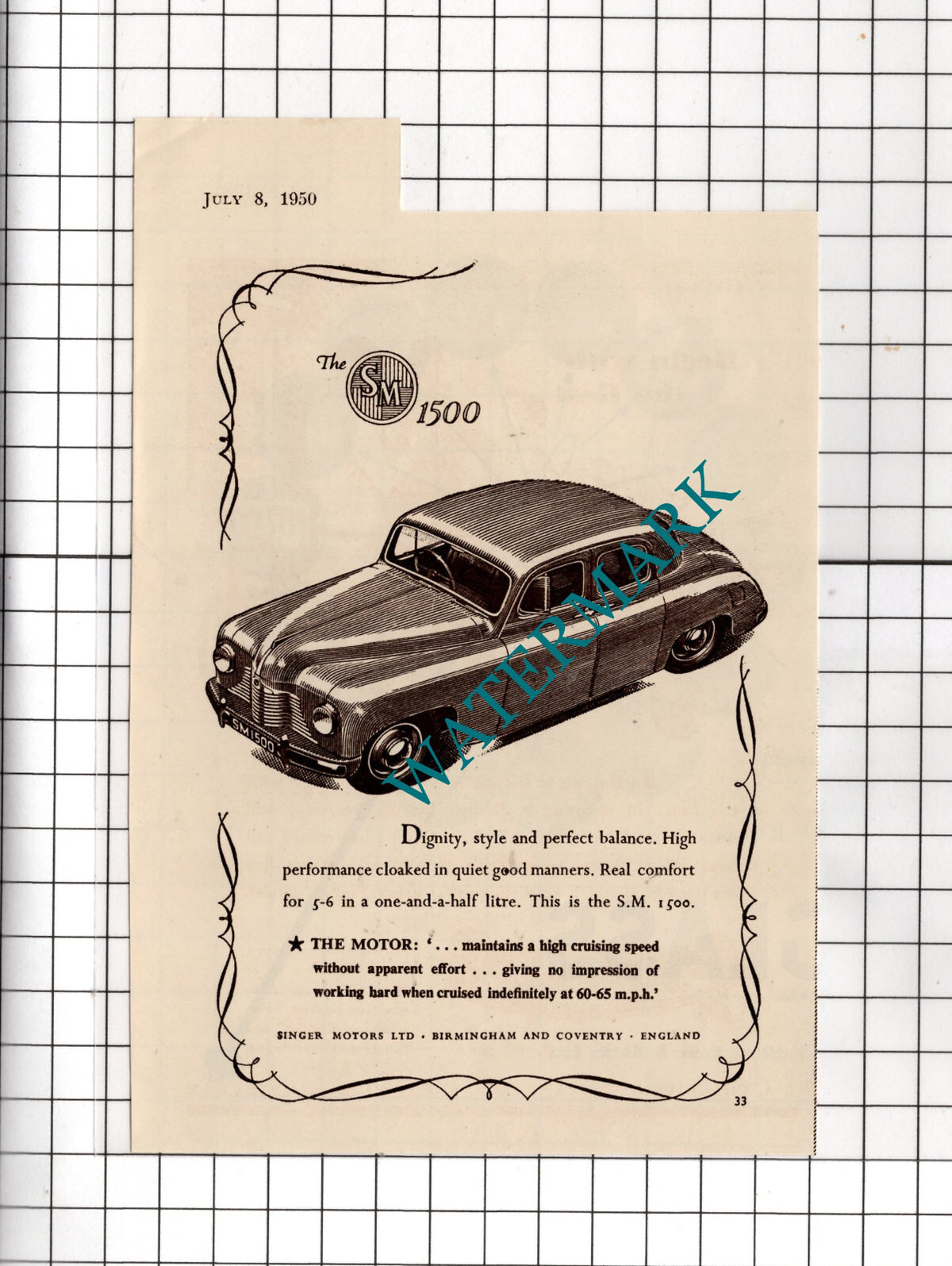 Singer Car SM 1500 Advert - 1950 Small Cutting