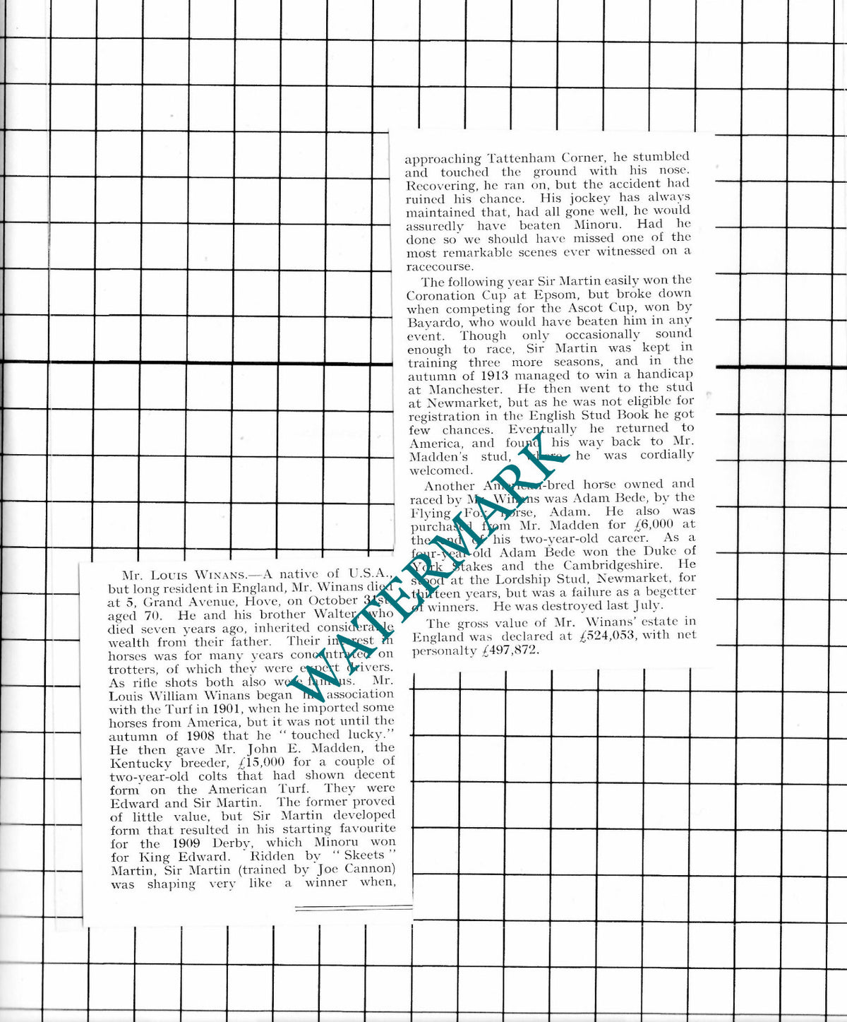 Mr Louis William Winans Hove Sussex Obituary - 1927 Clipping