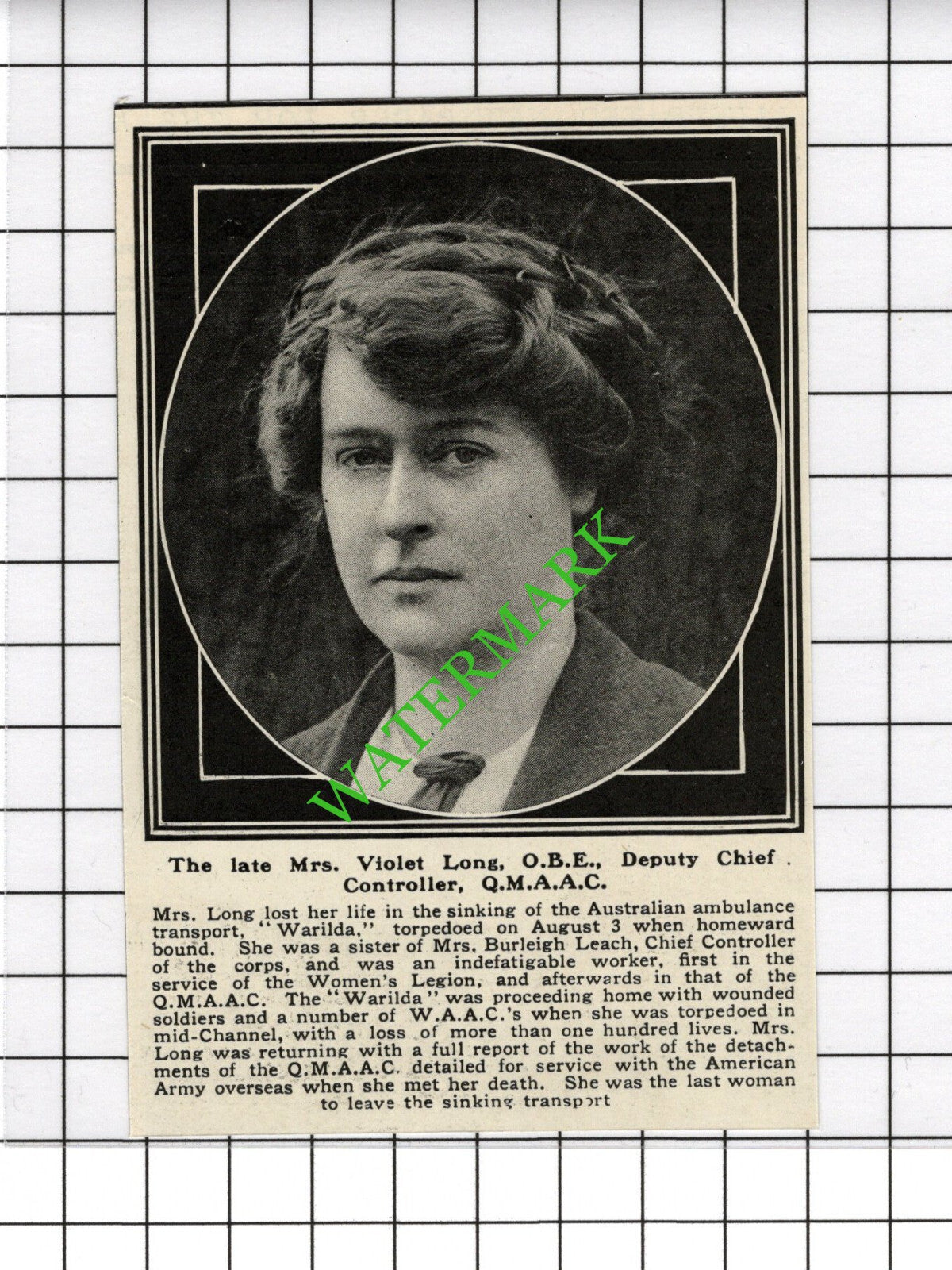 Mrs Violet Long WARILDA Australian Ambulance Ship Burleigh Leach - 1918 Cutting