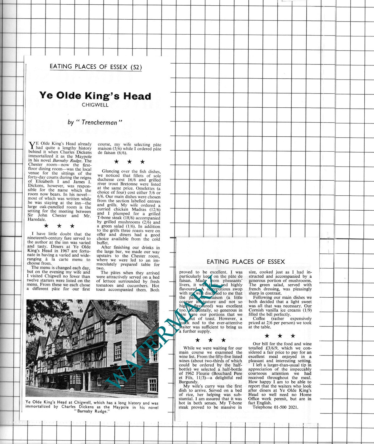 Ye Olde King's Head Chigwell Essex - c.1967 Two-Part Clipping / Print