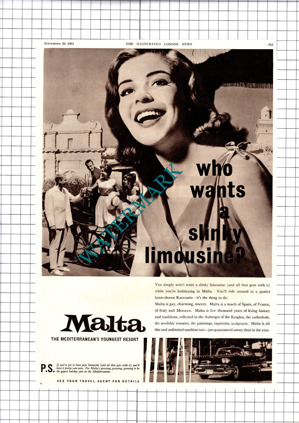 Malta Holiday Destination Advert - 1961 Cutting / Print