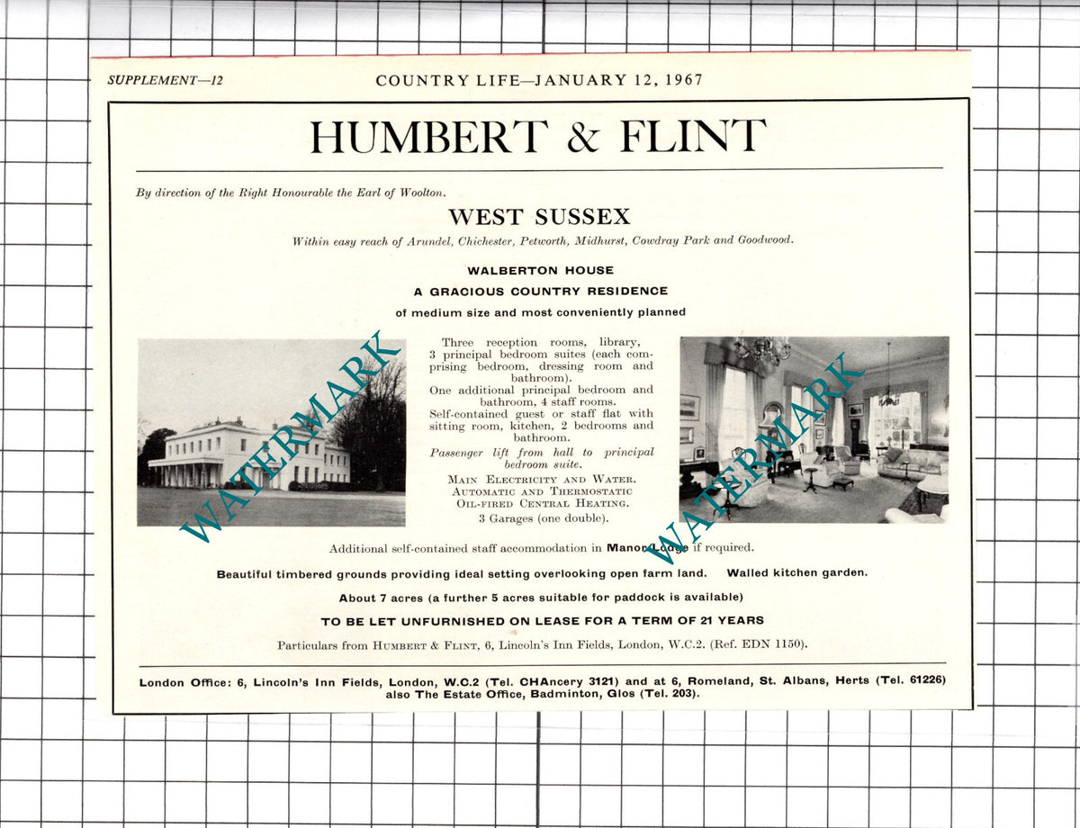 Walberton House West Sussex Earl Of Woolton House Sale Advert - 1967 Clipping