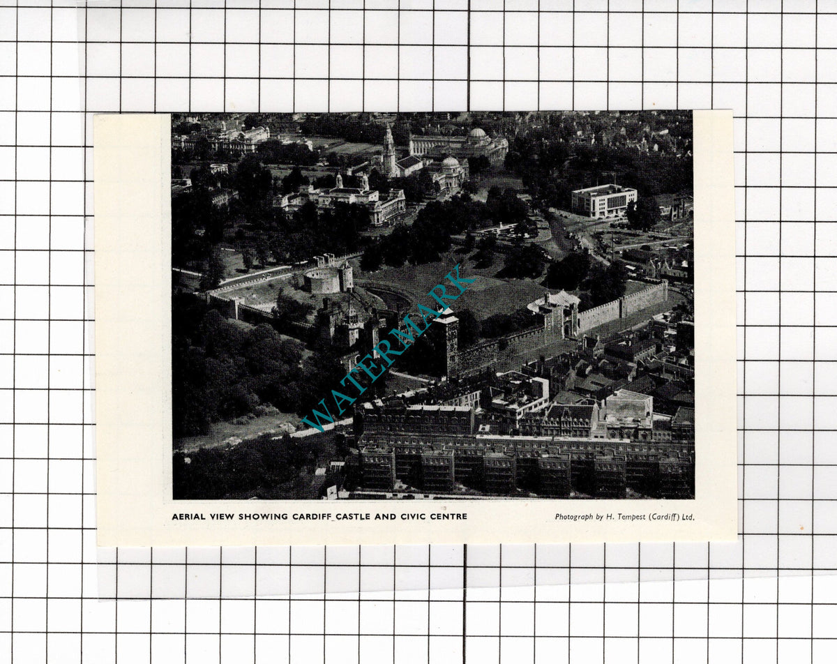 Cardiff Castle Civic Centre Aerial View - 1958 Clipping