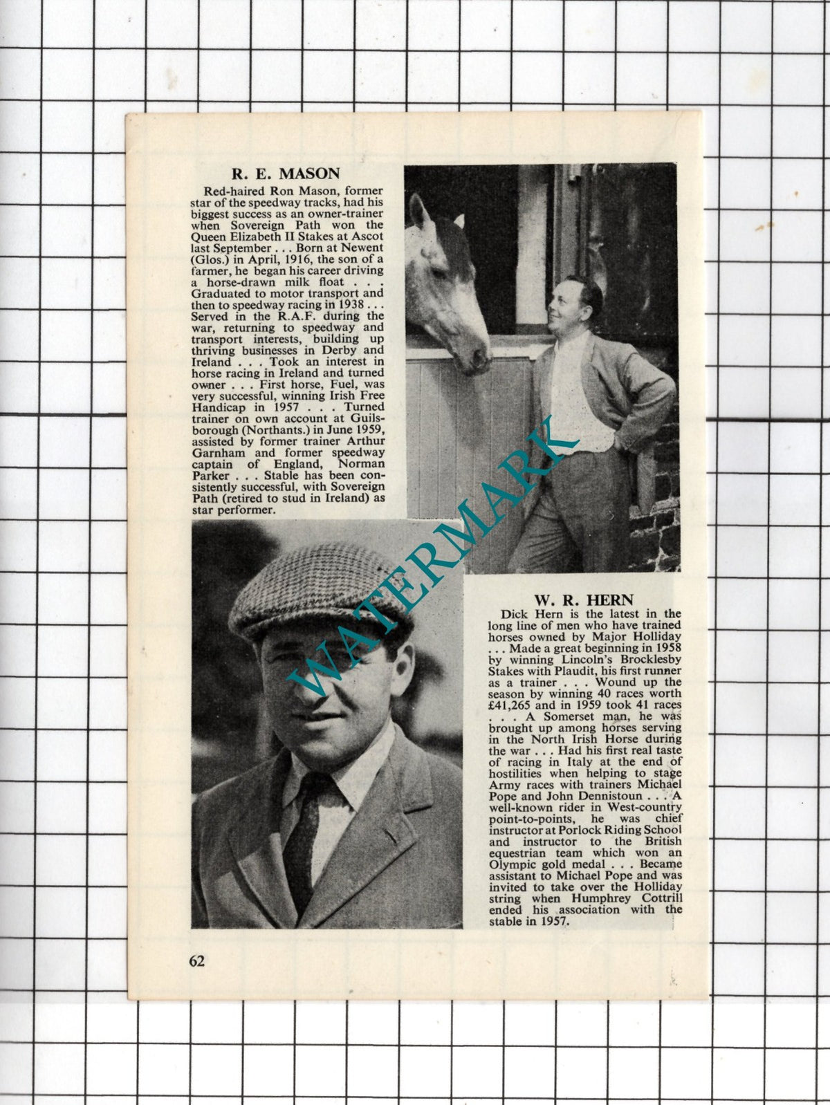 Mrs Camille Evans Michael Sobell Ron Mason Dick Hern Horse Racing 1960 Clipping