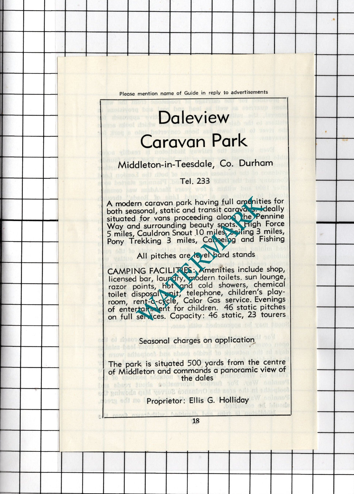 Daleview Caravan Park Middleton-in-Teesdale Ellis Holliday -c.1977 Small Advert