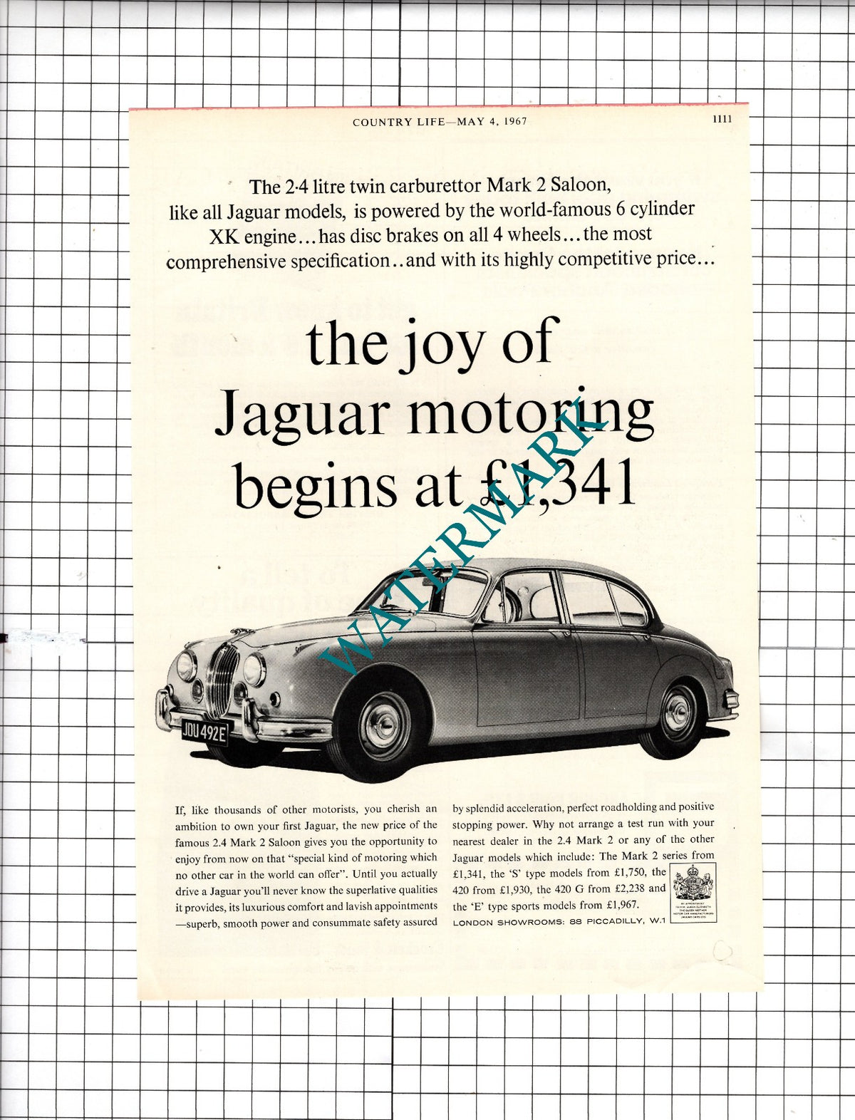 Jaguar Car Advert Jaguar 2.4 Litre Mark 2 Saloon - 1967 Advert