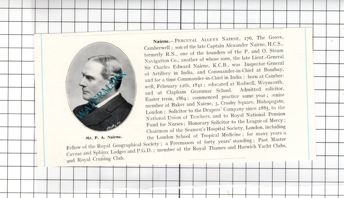 Mr Percival Alleyn Nairne 176 The Grove Camberwell P&O Steam - c.1905 Clipping