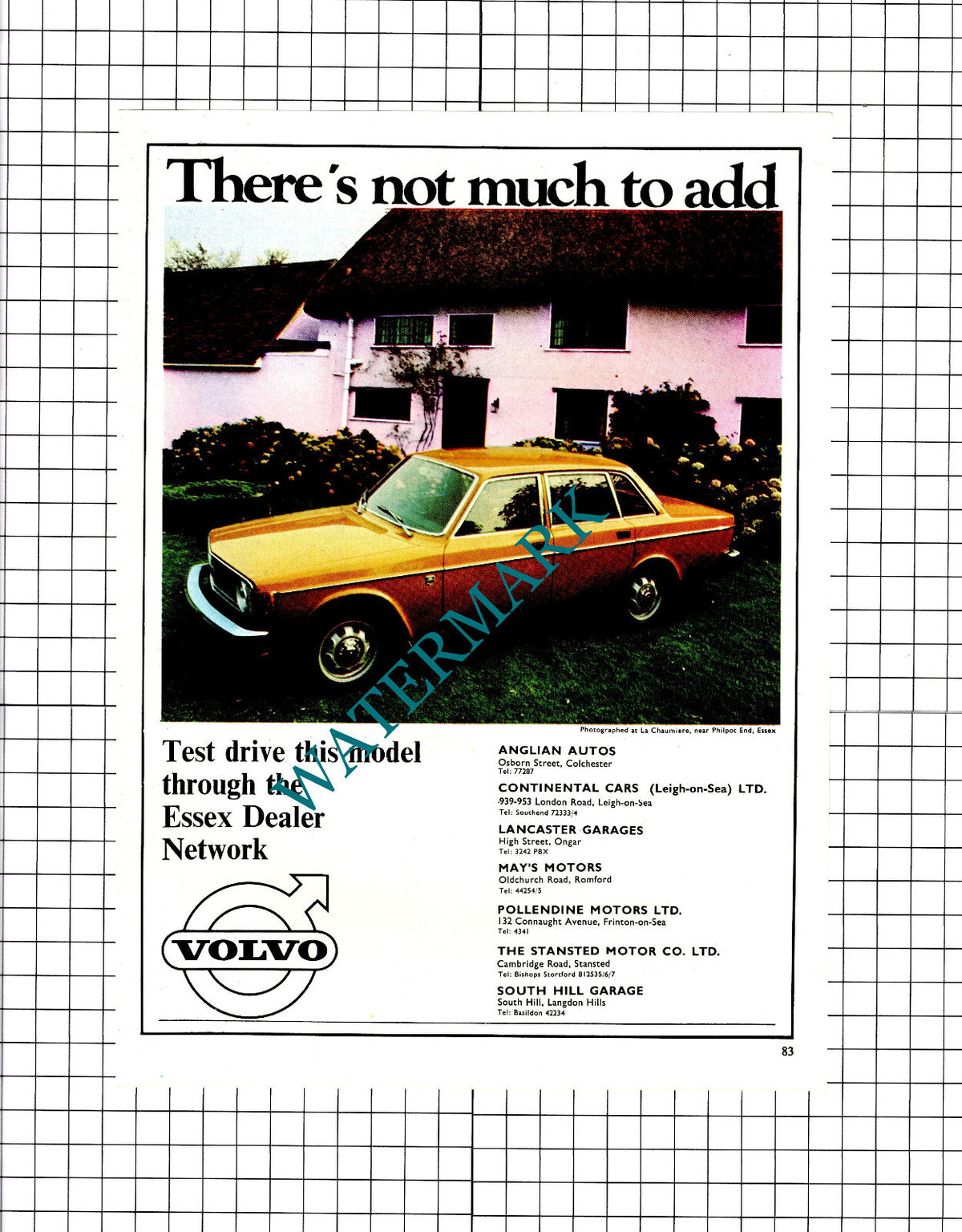 La Chaumiere Philpot End Essex Volvo Advert - 1974 Clipping / Print
