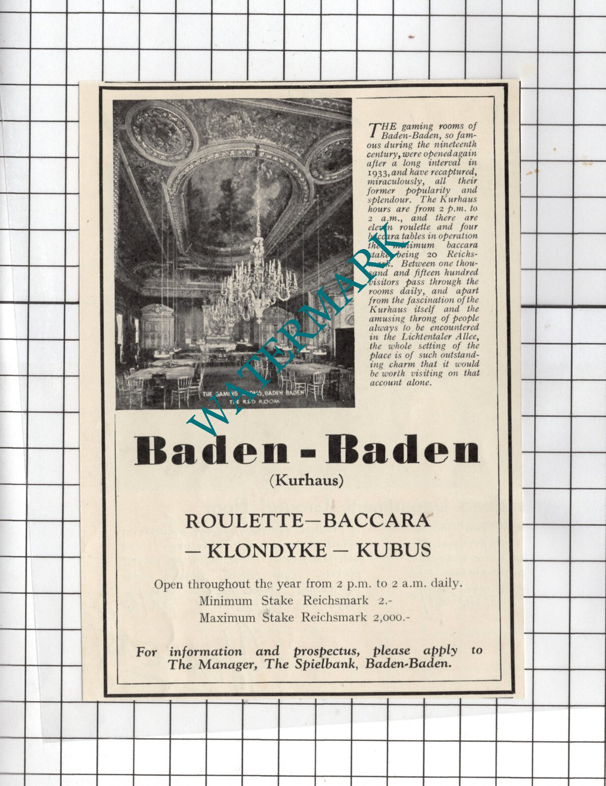 Kurhaus Baden-Baden Germany Gaming Rooms Casino - 1936 Small Advert