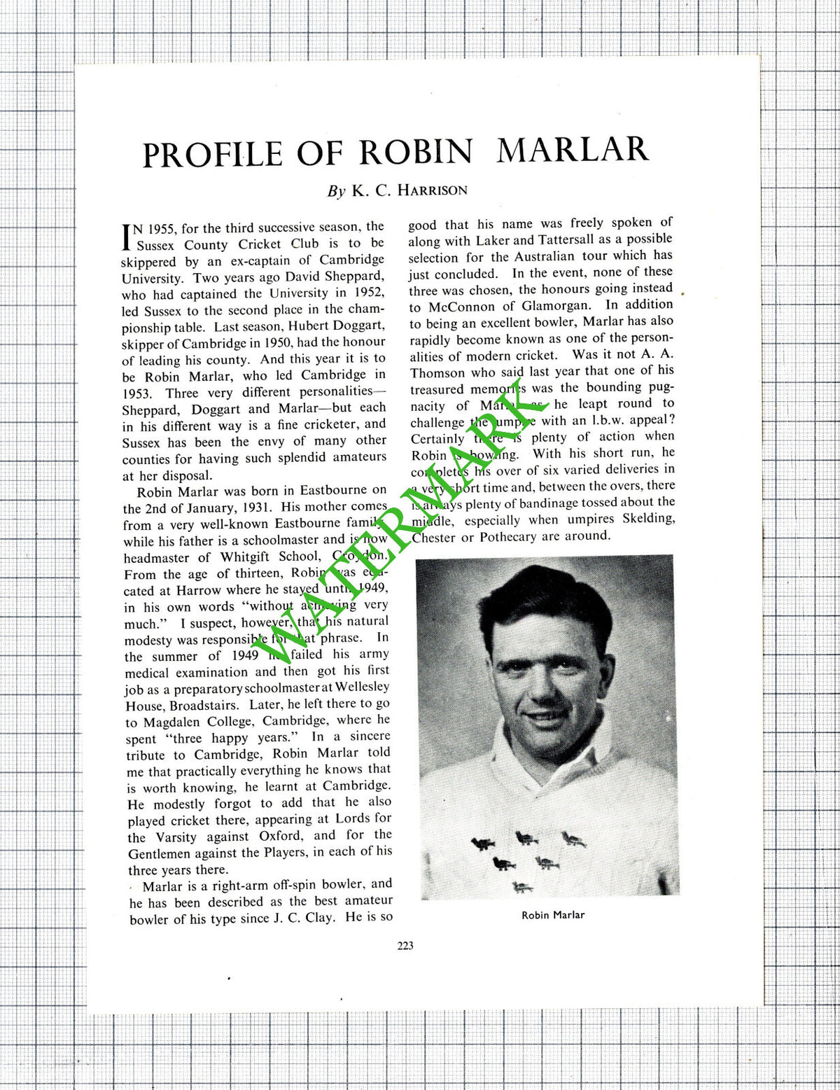 Robin Marlar Eastbourne Sussex County Cricket Club - 1955 Article