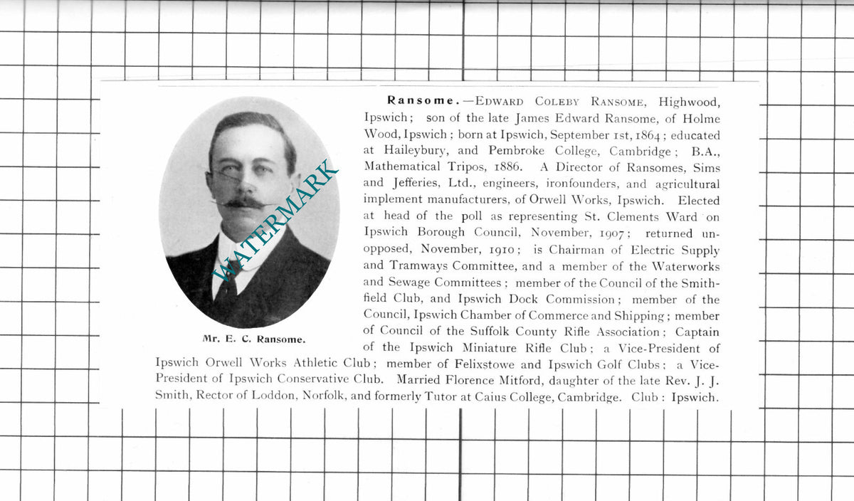 Edward Coleby Ransome Highwood Ipswich Suffolk - 1911 Cutting / Print