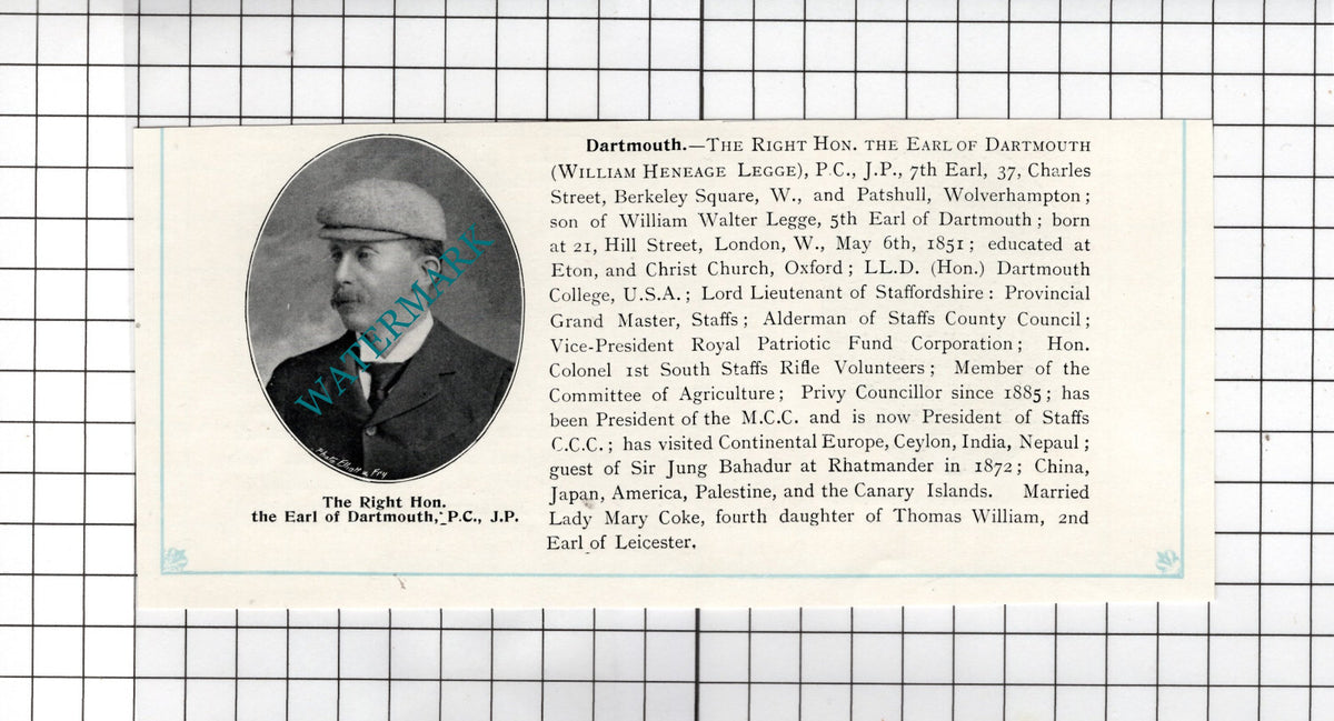 The Earl Of Dartmouth William Heneage Legge - c.1905 Cutting