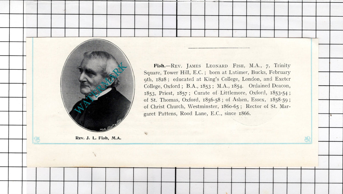 Rev James Leonard Fish 7 Trinity Square Tower Hill London - c.1910 Cutting